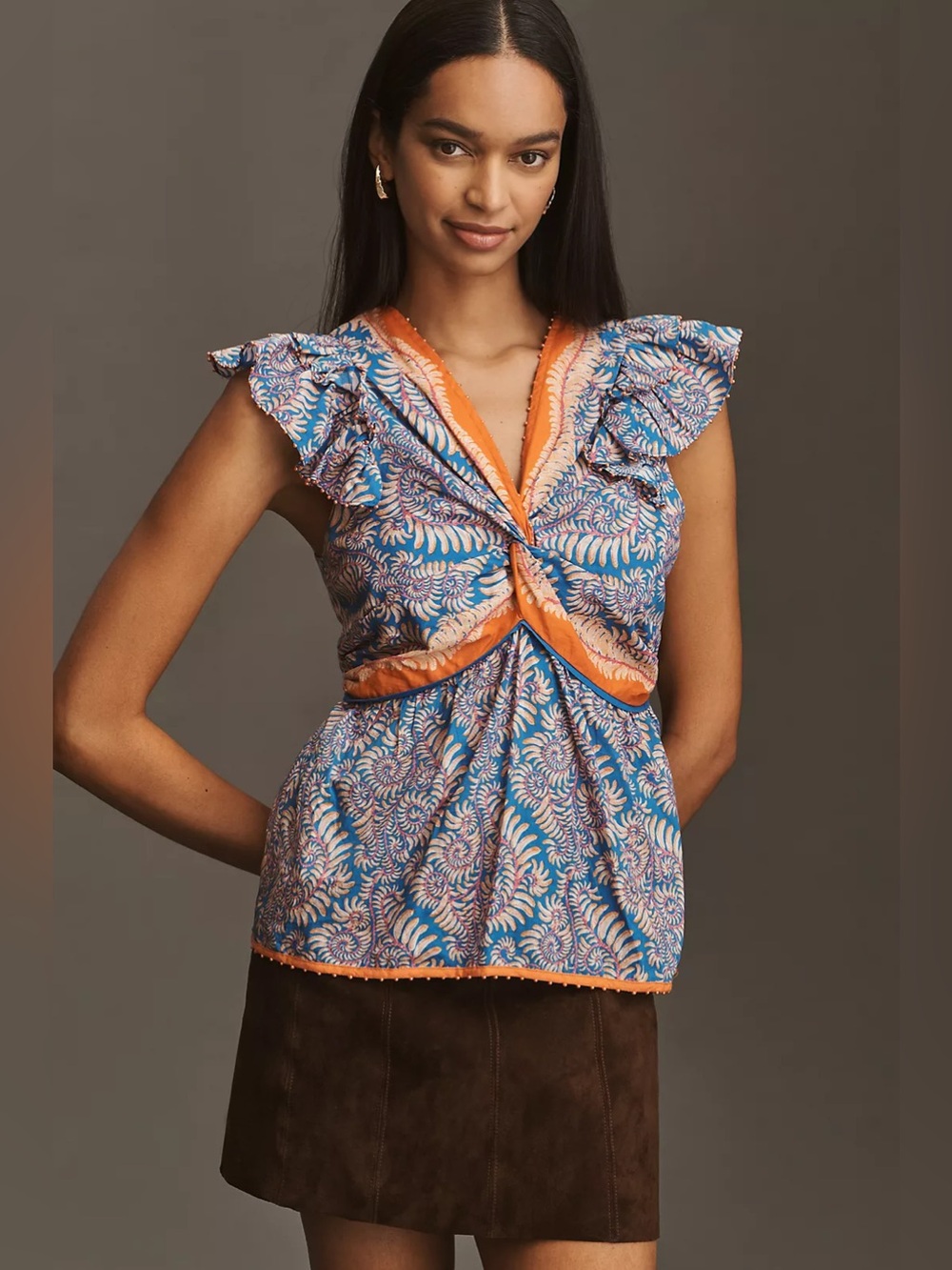 FARM Rio x Anthropologie Blue Flora V-Neck Flutter Sleeve Top